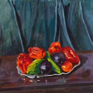Still Life with Aubergines and Red Peppers on a Silver Tray by Winston Churchill